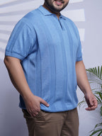 Flat Knit Half sleeve Polo Ribbed T Shirt - 125-Skyblue