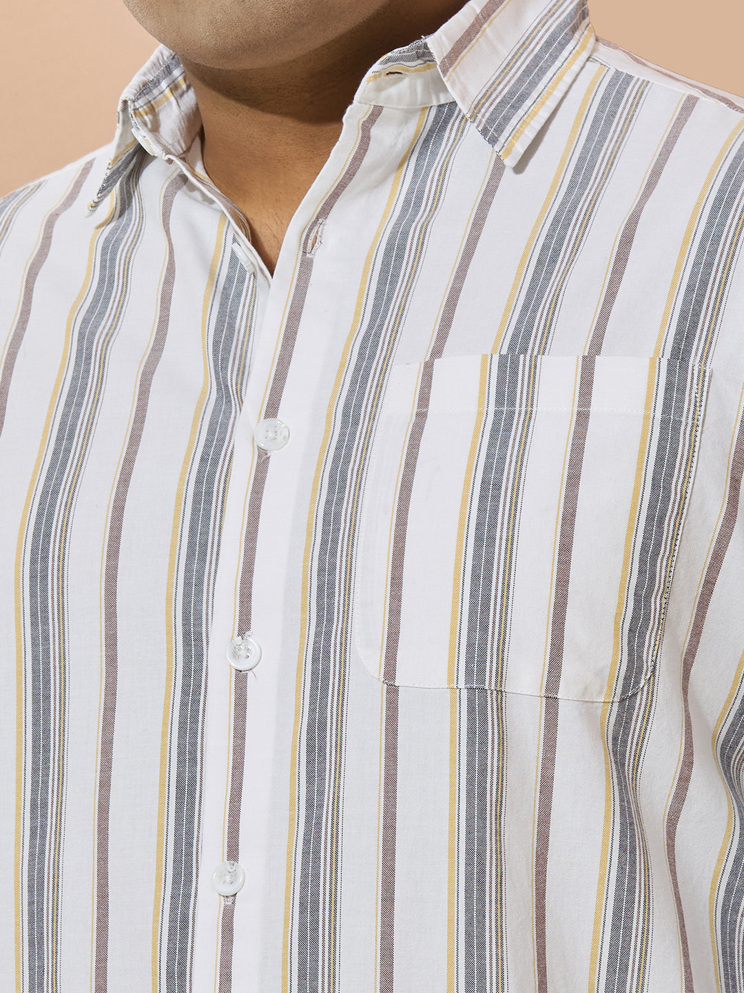 Men Cotton Stripe 1 Pocket Regular Fit Smart Casual Shirt - WhiteYelllow