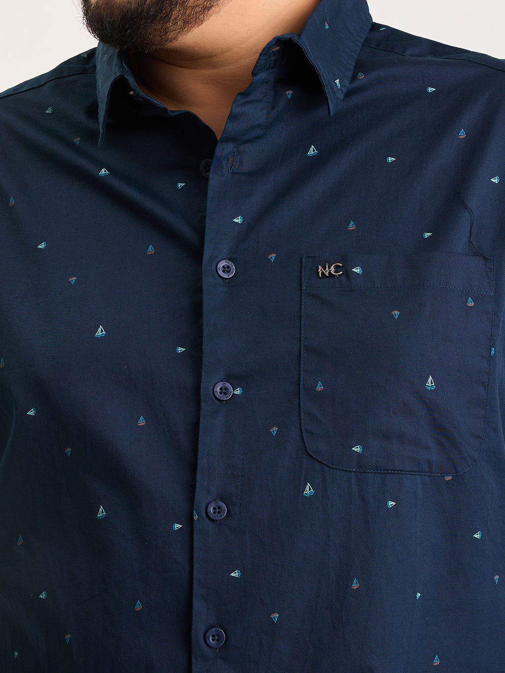Plus Size Cotton 1 Pocket Regular Fit Smart Casual Shirt  - Navy - Style 1278