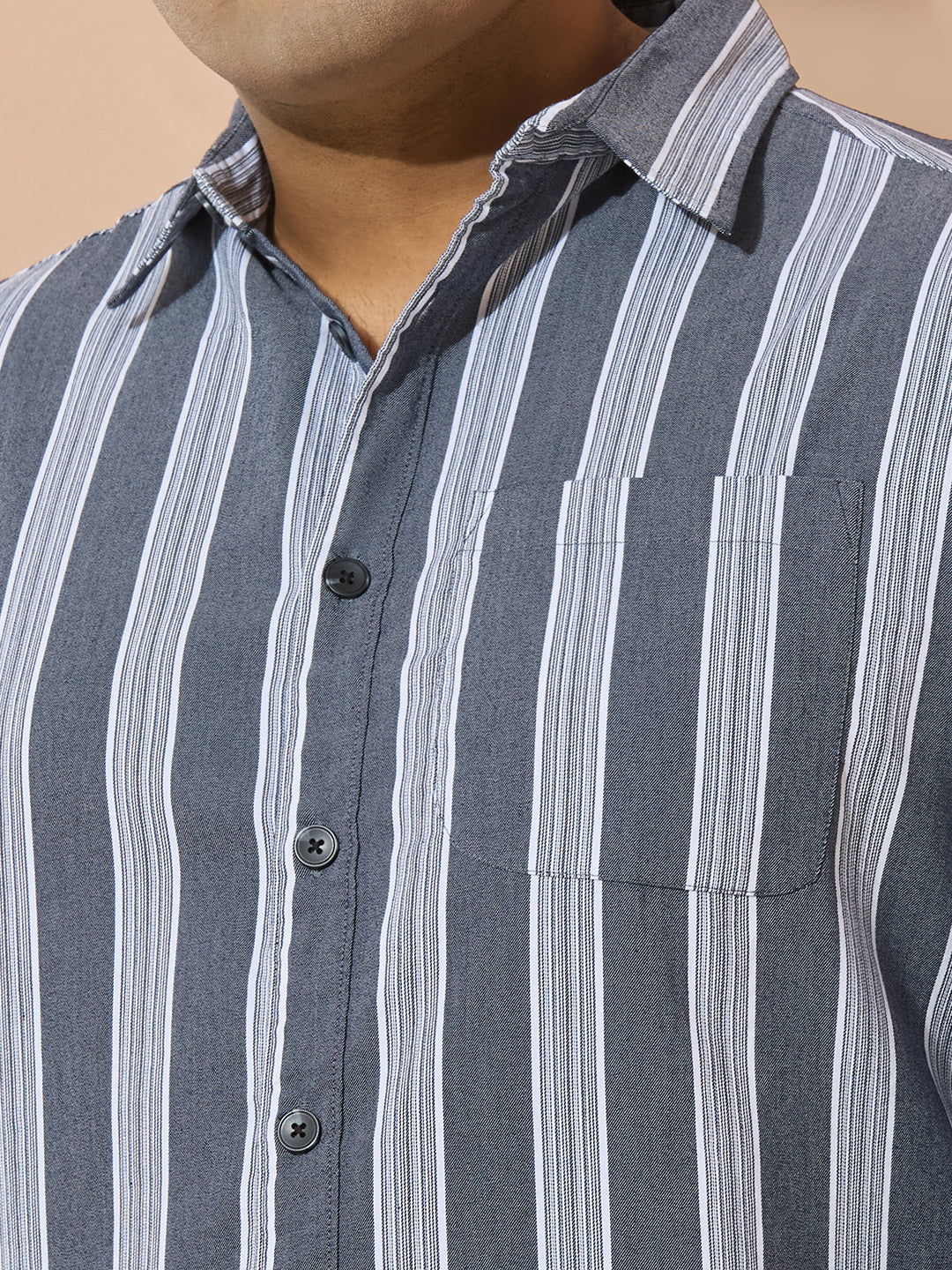 Men Cotton Stripe 1 Pocket Regular Fit Smart Casual Shirt  - NavyWhite