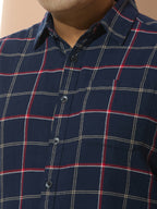 Men Cotton Checks 1 Pocket Regular Fit Smart Casual Shirt - Navyred