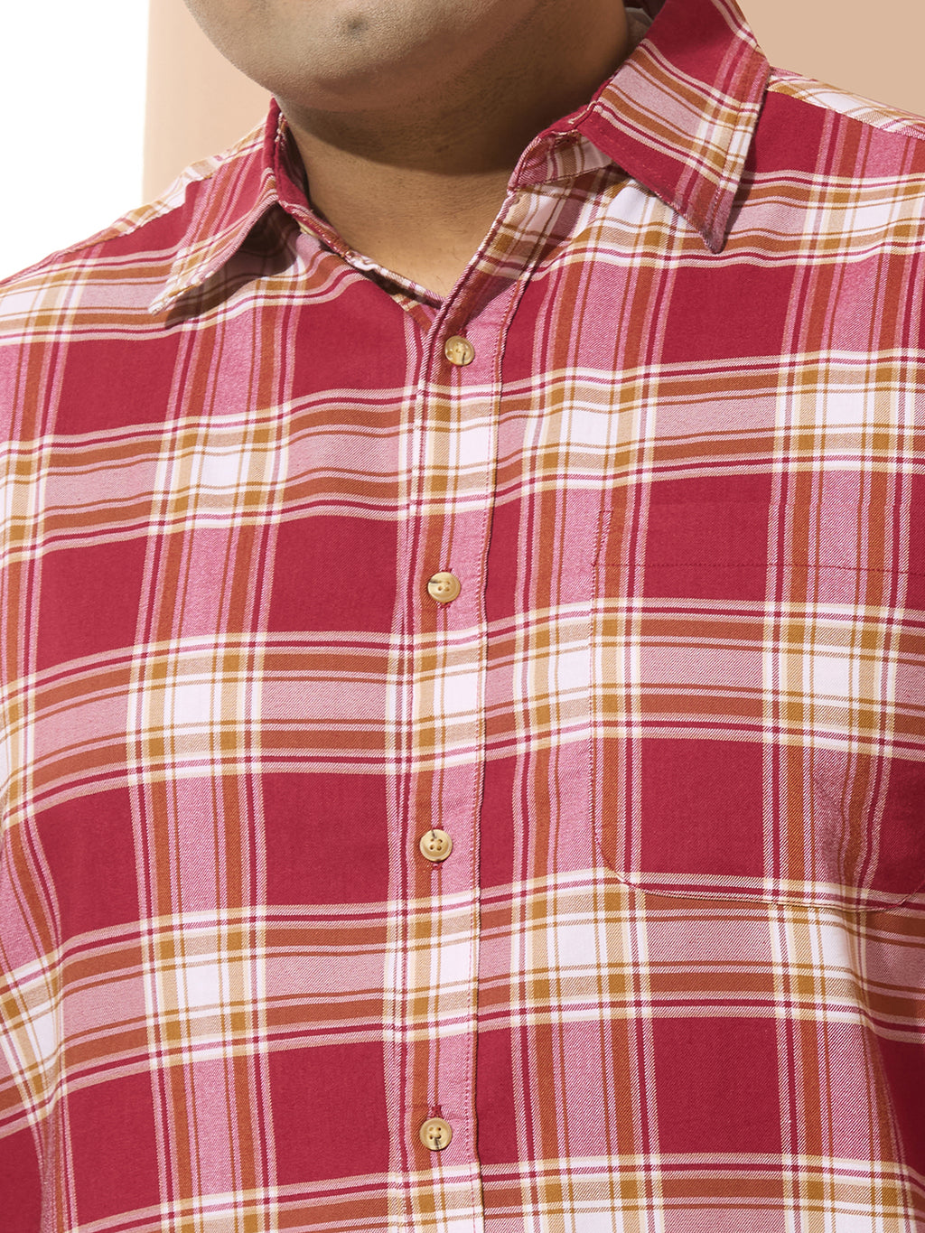 Men Cotton Checks 1 Pocket Regular Fit Smart Casual Shirt - Red