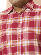 Men Cotton Checks 1 Pocket Regular Fit Smart Casual Shirt - Red