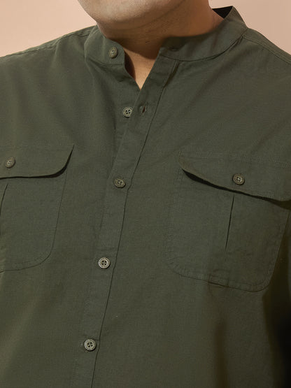 Men Cotton Linen 2 Pocket Regular Fit Smart Casual Shirt - Style- NC-2k53-Dark Green