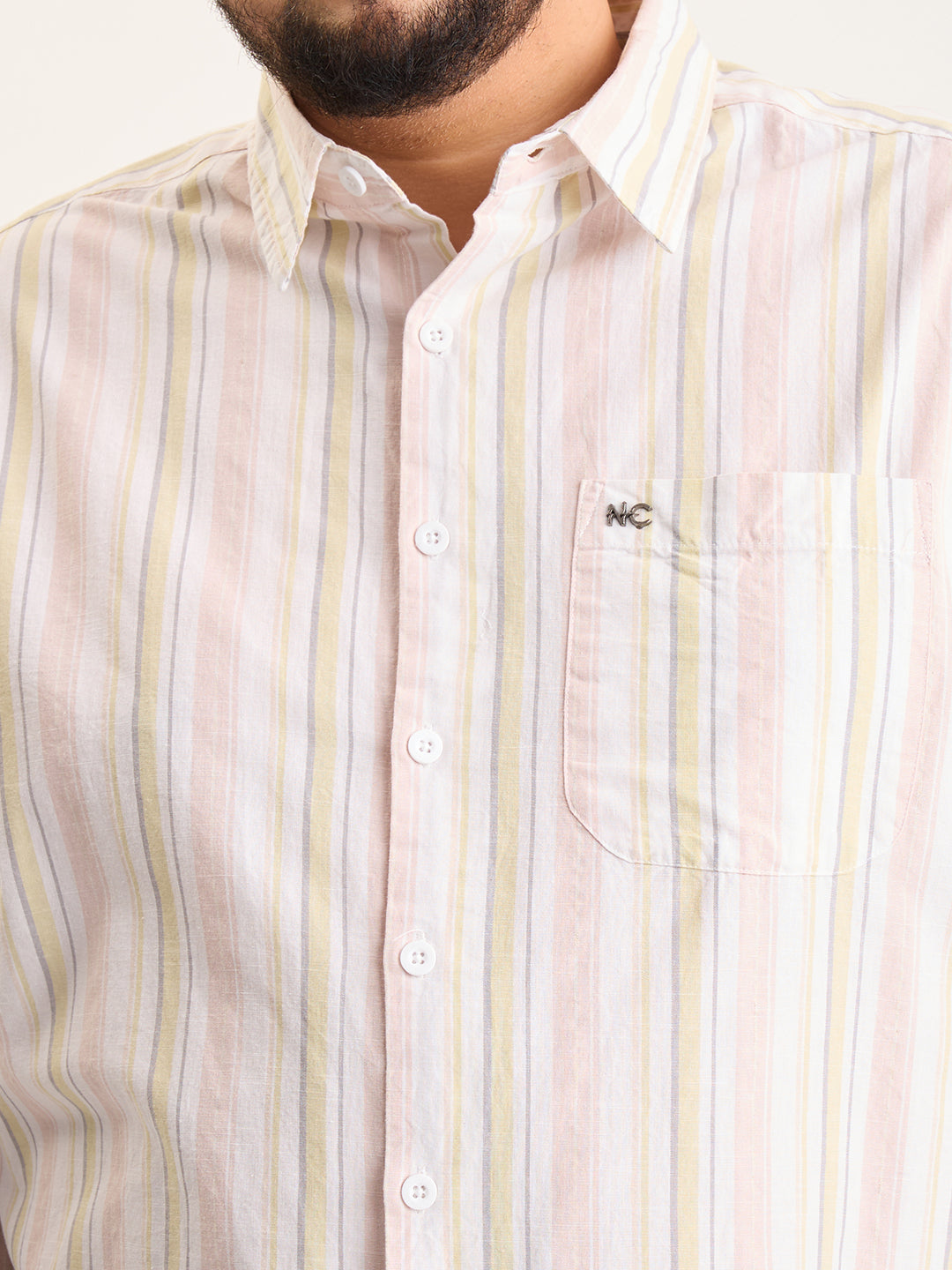 Plus Size Cotton 1 Pocket Regular Fit Smart Casual Shirt  - Yellow-White - Style 1267