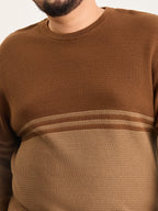 Flat Knit Full Sleeve Polo Ribbed T Shirt  - Brown - Style 135