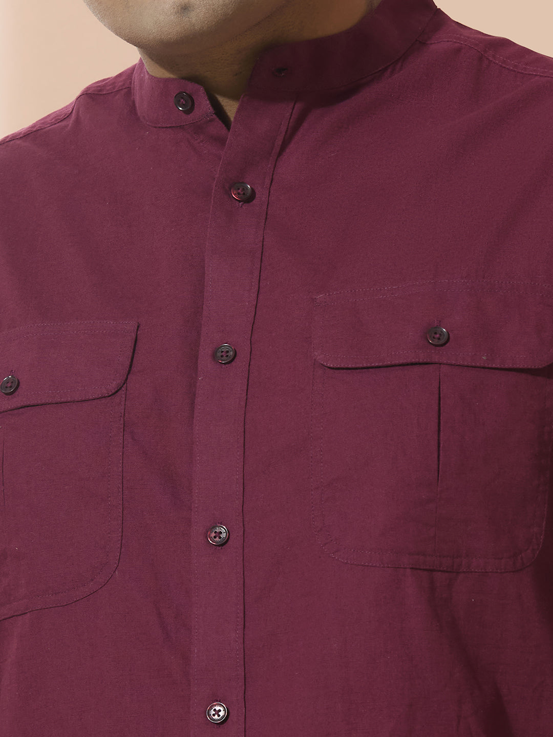 Men Cotton Linen 2 Pocket Regular Fit Smart Casual Shirt - Style- NC-2k53-Wine