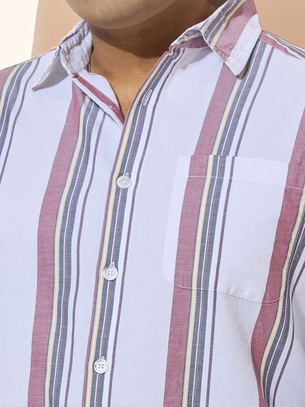 Men Cotton Stripe 1 Pocket Regular Fit Smart Casual Shirt - WhiteRed