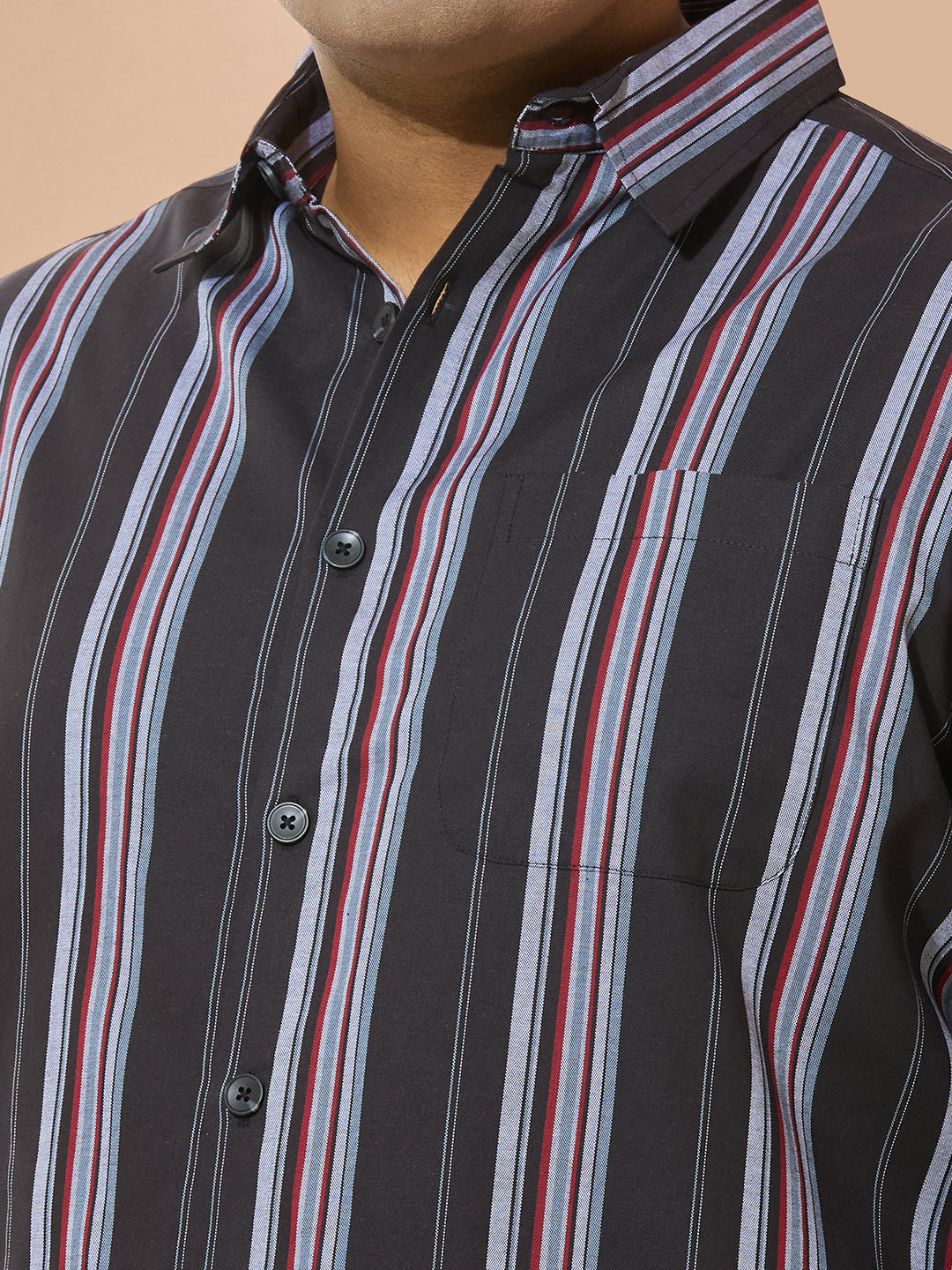 Men Cotton Stripe 1 Pocket Regular Fit Smart Casual Shirt - BlackRed