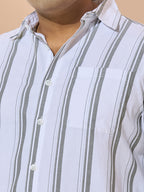 Men Cotton Stripe 1 Pocket Regular Fit Smart Casual Shirt - WhiteGreen