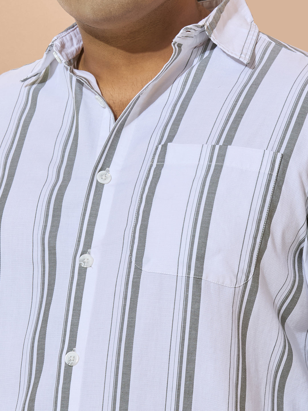 Men Cotton Stripe 1 Pocket Regular Fit Smart Casual Shirt - WhiteGreen