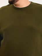 Flat Knit Full Sleeve Polo Ribbed T Shirt  - Olive Green - Style 133