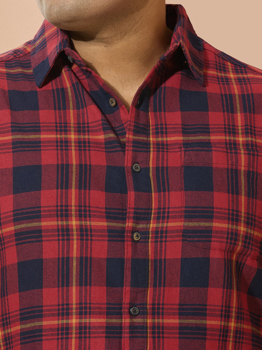 Men Cotton Checks 1 Pocket Regular Fit Smart Casual Shirt - Red