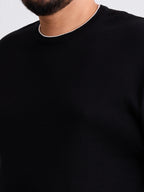Flat Knit Full Sleeve Polo Ribbed T Shirt  - Black - Style 133