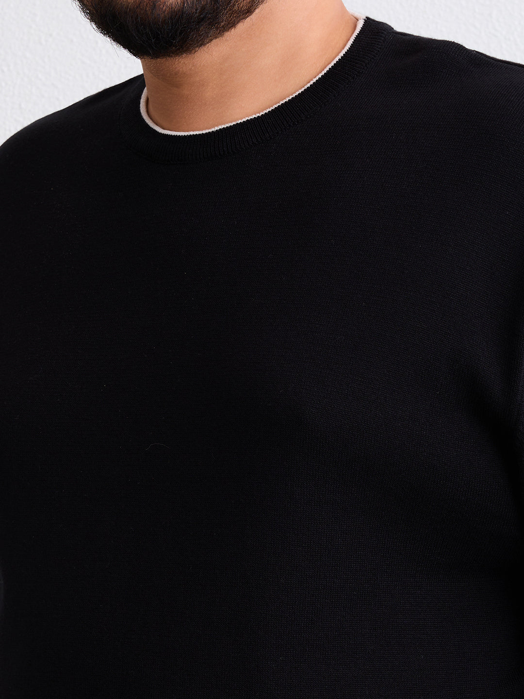 Flat Knit Full Sleeve Polo Ribbed T Shirt  - Black - Style 133