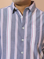 Men Cotton Stripe 1 Pocket Regular Fit Smart Casual Shirt - Navy