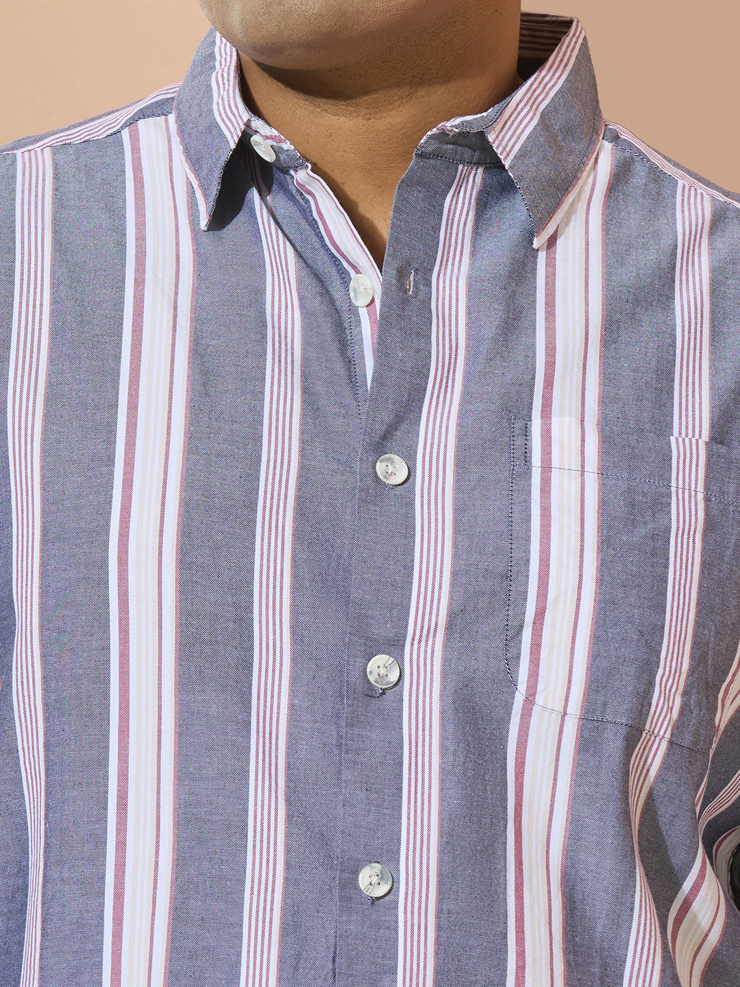 Men Cotton Stripe 1 Pocket Regular Fit Smart Casual Shirt - Navy