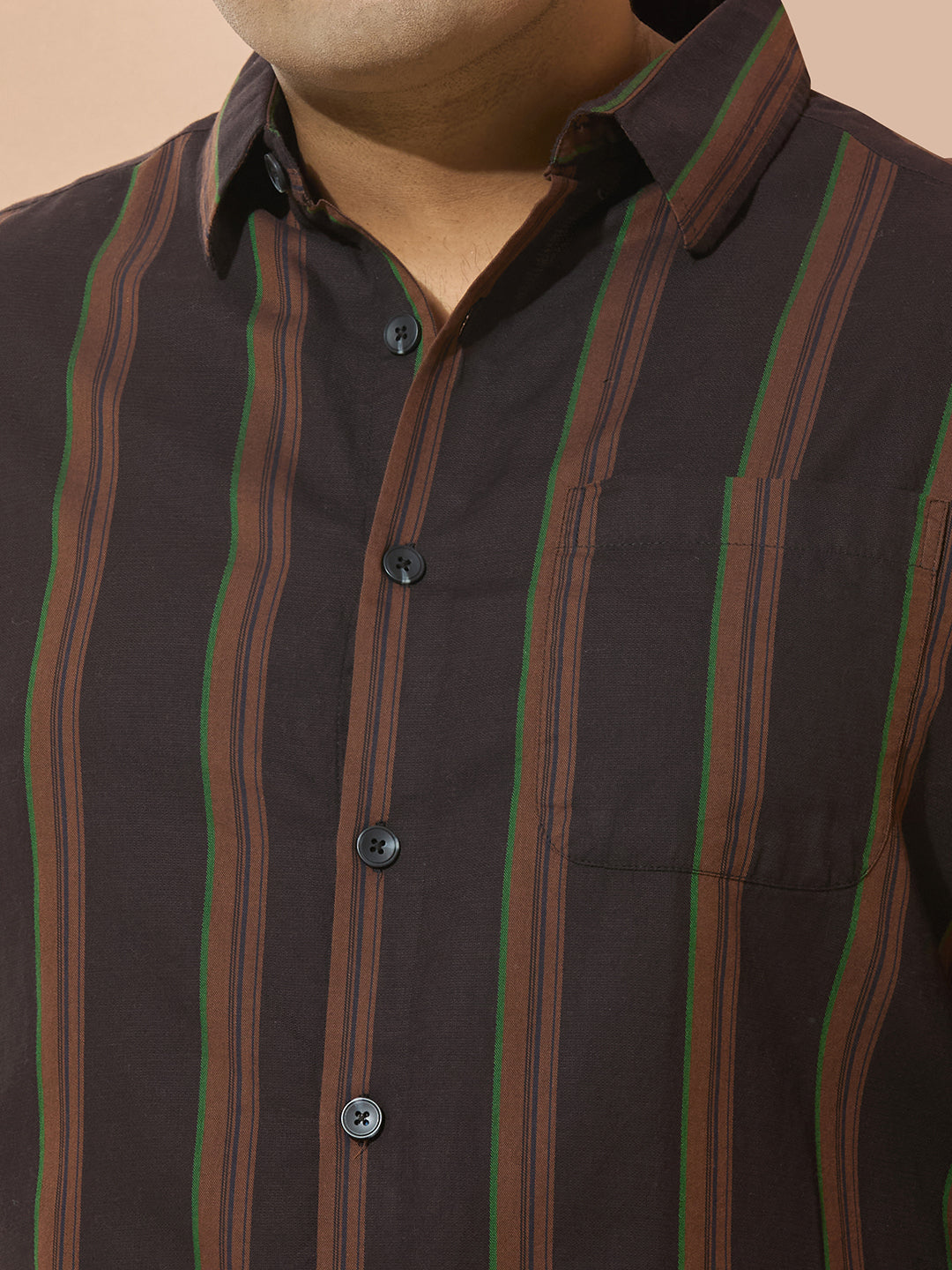 Men Cotton Stripe 1 Pocket Regular Fit Smart Casual Shirt - BrownGreen