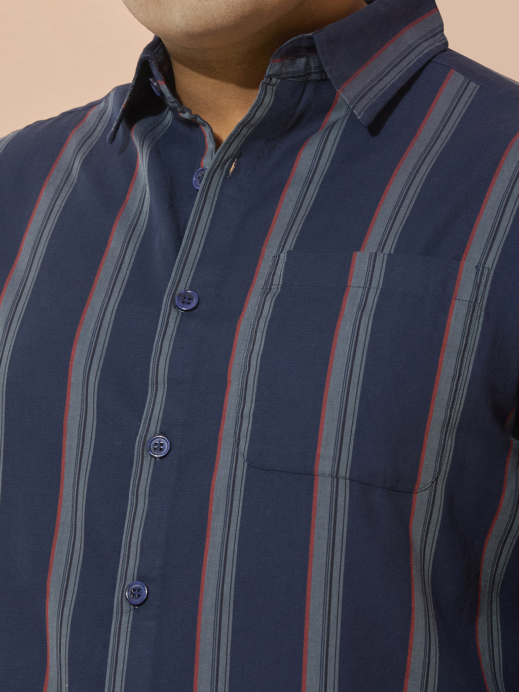 Men Cotton Stripe 1 Pocket Regular Fit Smart Casual Shirt - MaroonIndigo