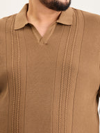 Flat Knit Full Sleeve Polo Ribbed T Shirt  - Khaki - Style 136