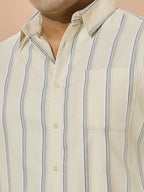 Men Cotton Stripe 1 Pocket Regular Fit Smart Casual Shirt - Yellow