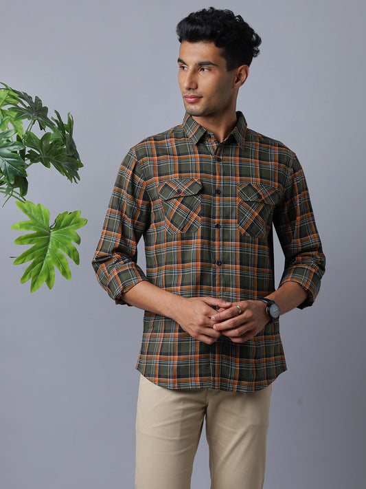 Men 2 Pocket Flap Olive and White Checkered Pure Cotton Slim Fit Casual Shirt