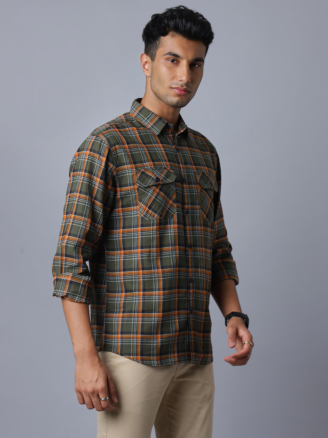 Men 2 Pocket Flap Olive and White Checkered Pure Cotton Slim Fit Casual Shirt