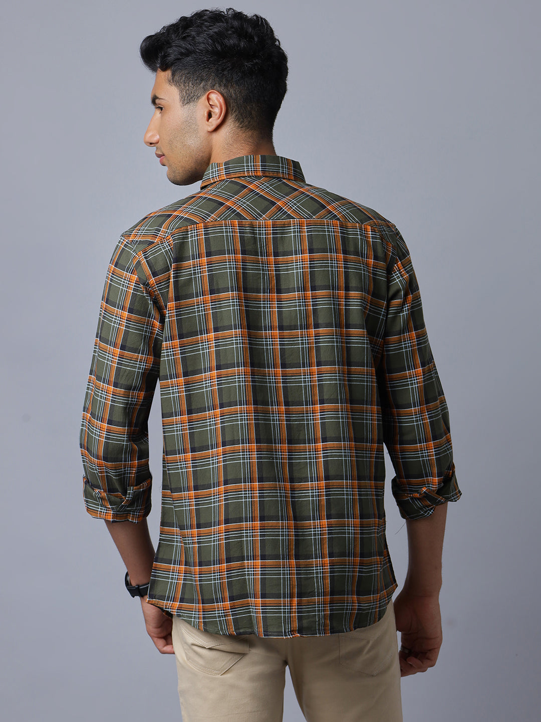 Men 2 Pocket Flap Olive and White Checkered Pure Cotton Slim Fit Casual Shirt