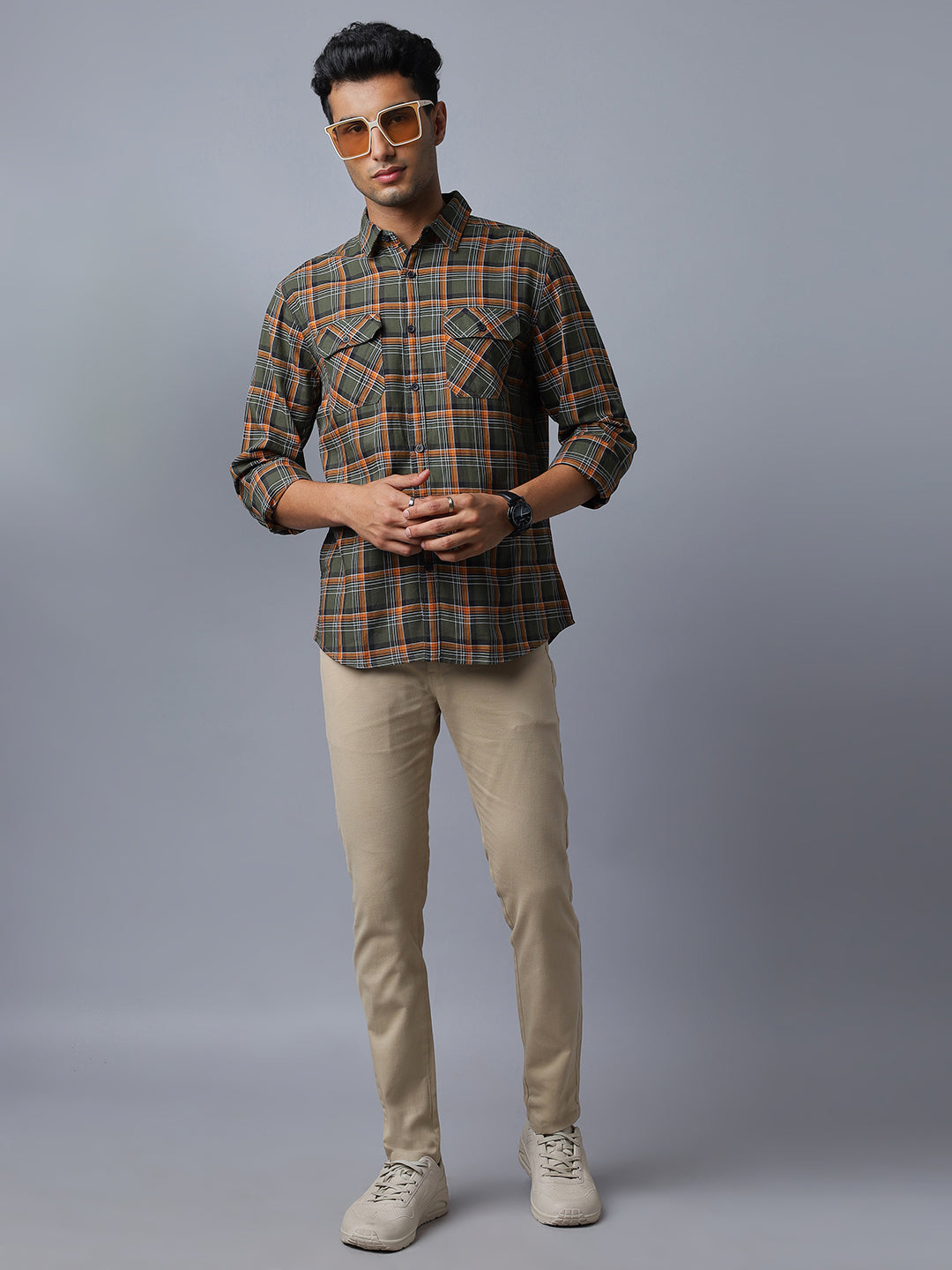 Men 2 Pocket Flap Olive and White Checkered Pure Cotton Slim Fit Casual Shirt