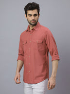 Men Linen Cotton 2 Pocket Flap Carrot Solid Color Slim Fit Casual Shirt