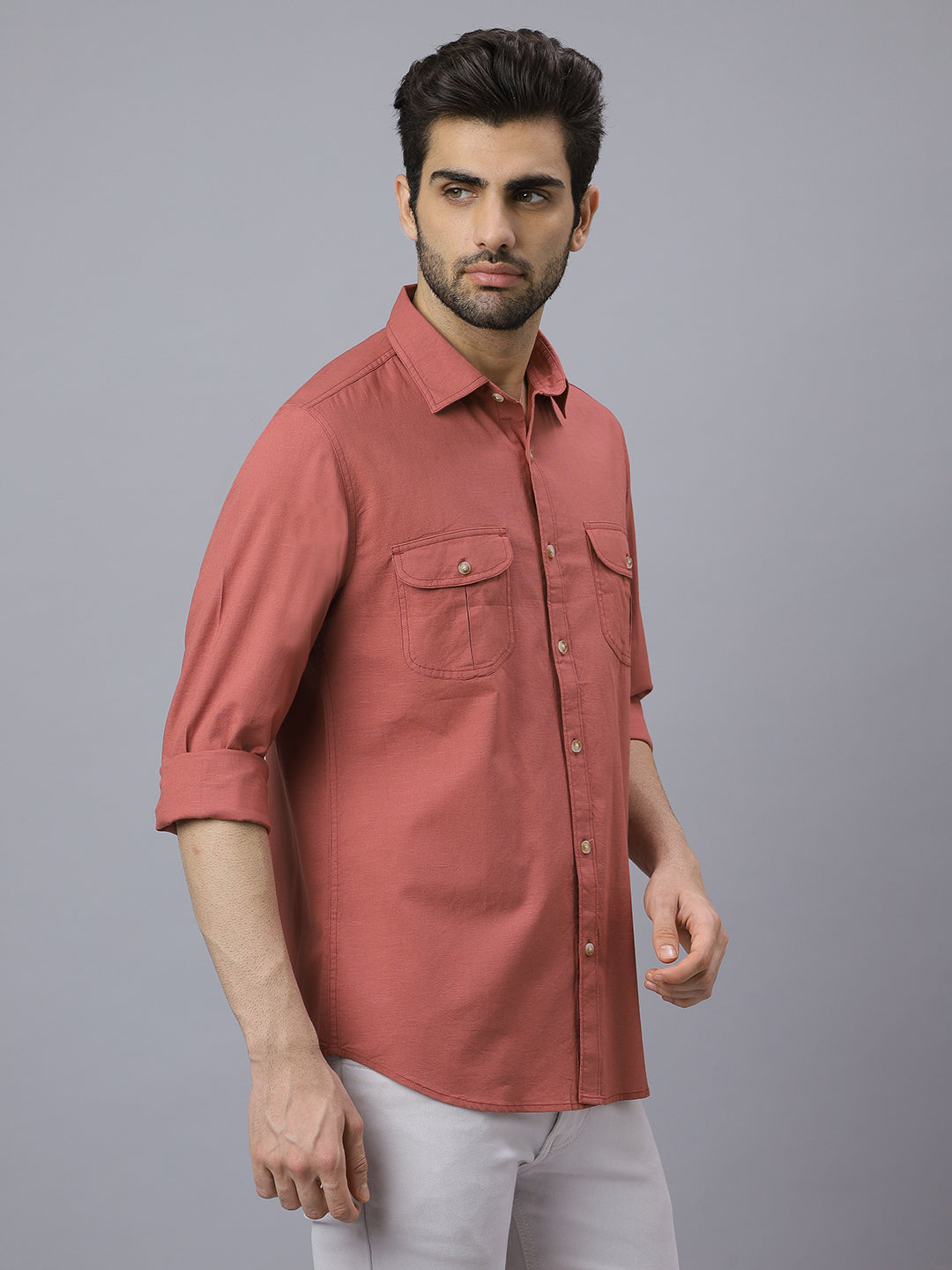Men Linen Cotton 2 Pocket Flap Carrot Solid Color Slim Fit Casual Shirt