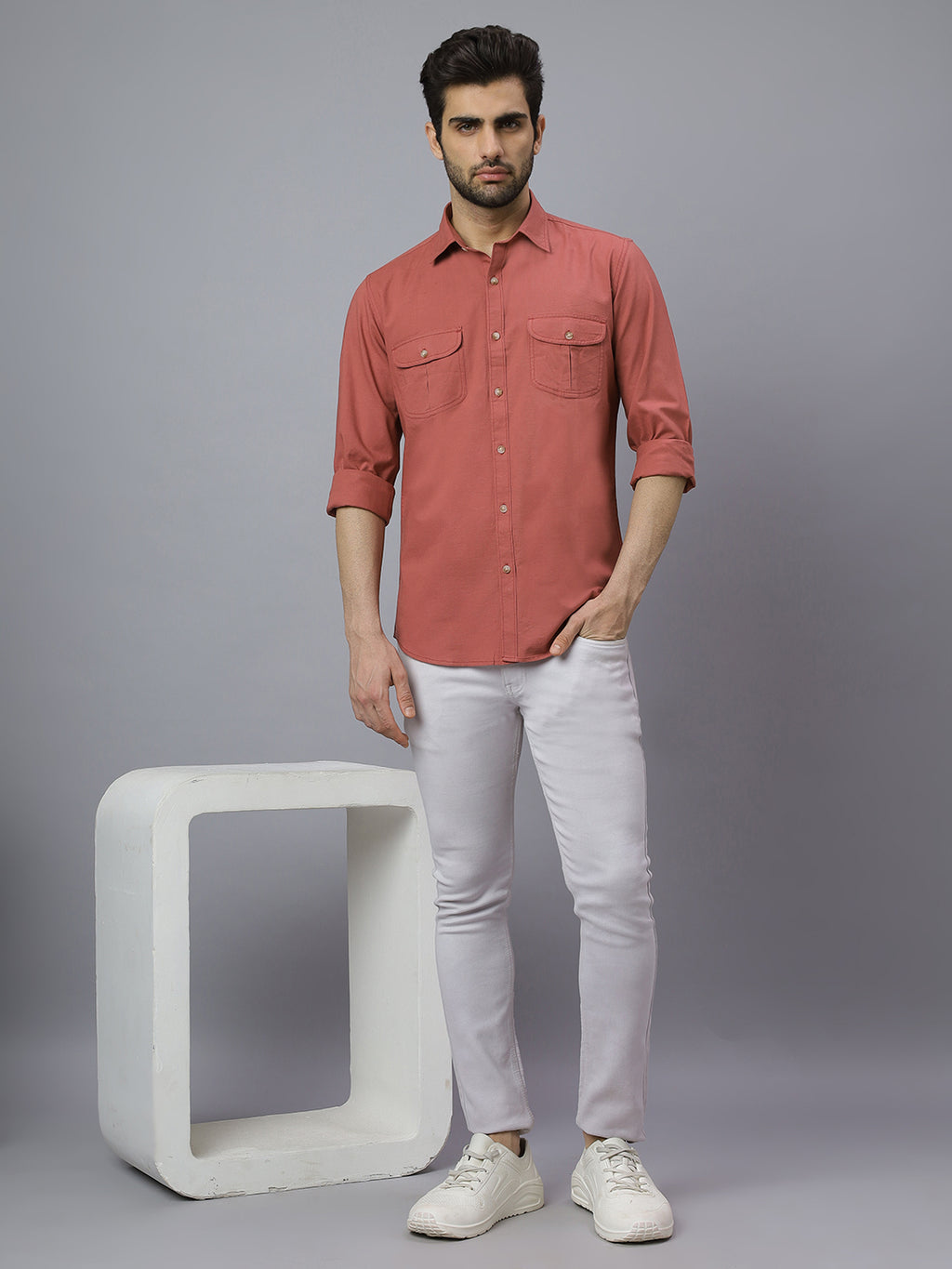 Men Linen Cotton 2 Pocket Flap Carrot Solid Color Slim Fit Casual Shirt