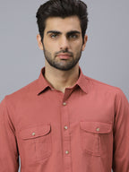 Men Linen Cotton 2 Pocket Flap Carrot Solid Color Slim Fit Casual Shirt