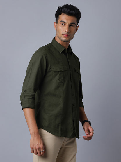 Men Linen Cotton 2 Pocket Flap Dark Green Solid Color Slim Fit Casual Shirt
