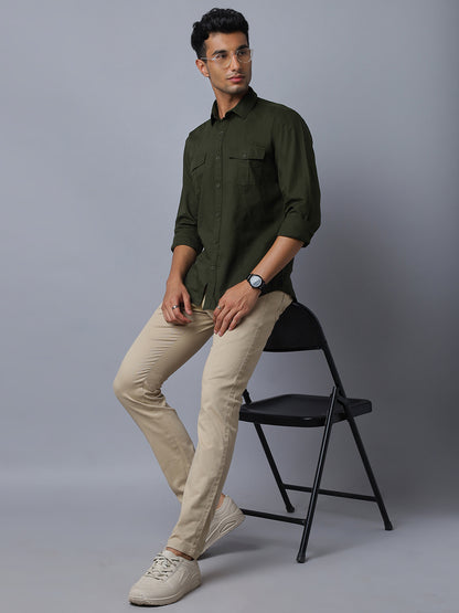 Men Linen Cotton 2 Pocket Flap Dark Green Solid Color Slim Fit Casual Shirt
