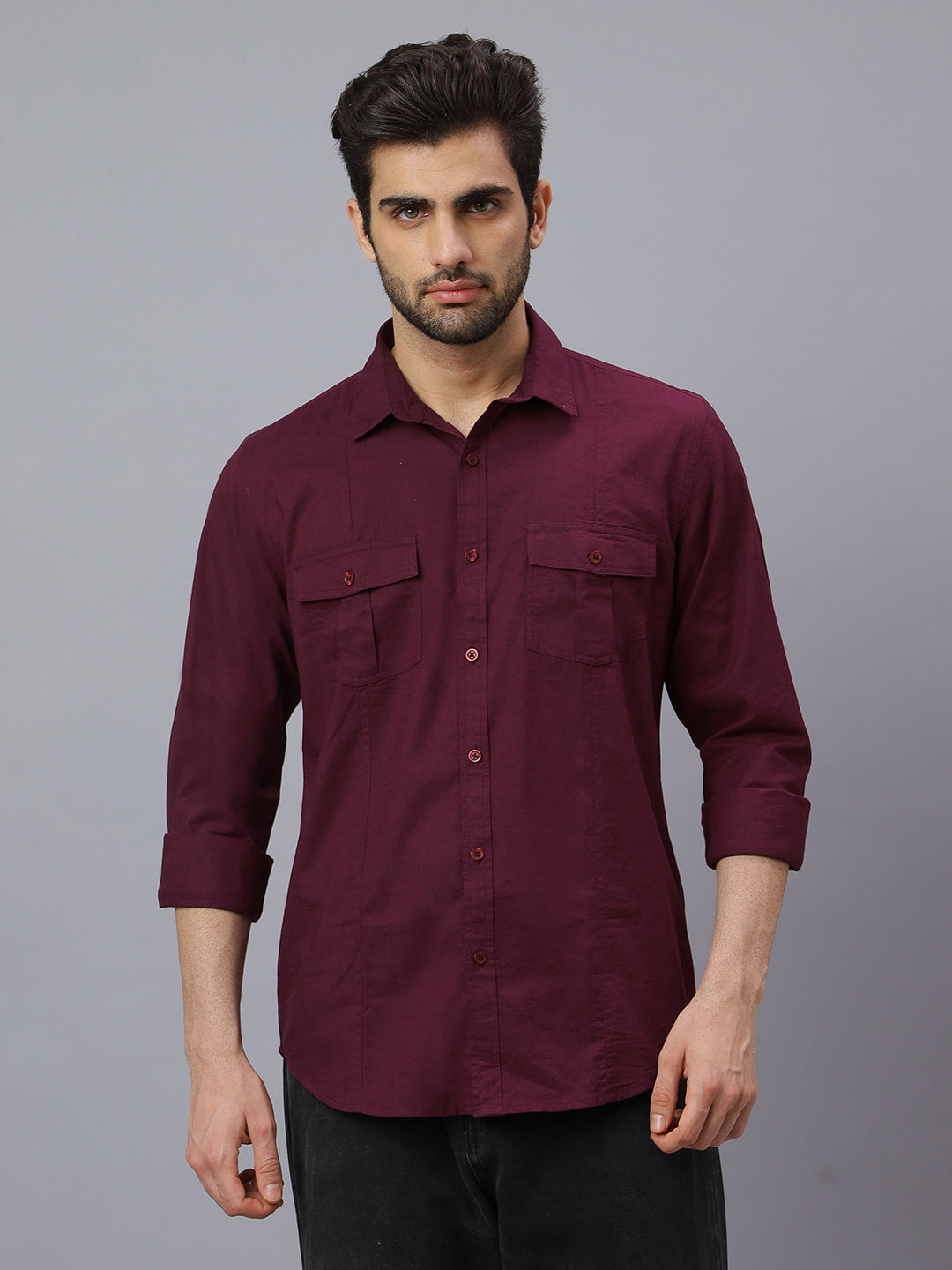Men Linen Cotton 2 Pocket Flap Wine Solid Color Slim Fit Casual Shirt