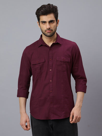 Men Linen Cotton 2 Pocket Flap Wine Solid Color Slim Fit Casual Shirt