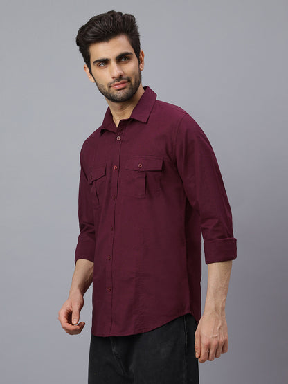 Men Linen Cotton 2 Pocket Flap Wine Solid Color Slim Fit Casual Shirt