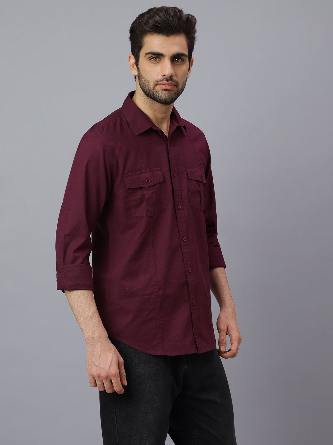 Men Linen Cotton 2 Pocket Flap Wine Solid Color Slim Fit Casual Shirt