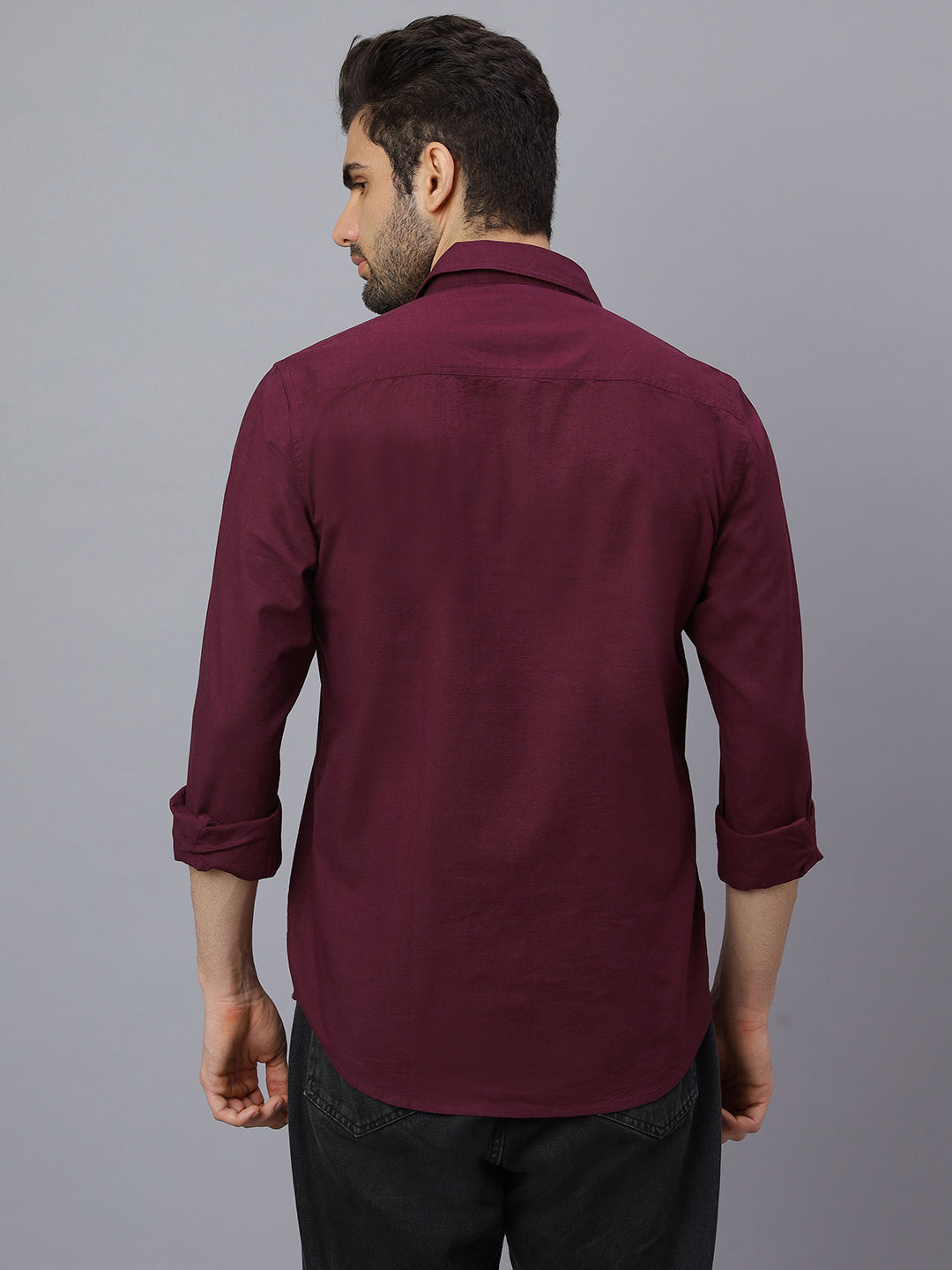 Men Linen Cotton 2 Pocket Flap Wine Solid Color Slim Fit Casual Shirt