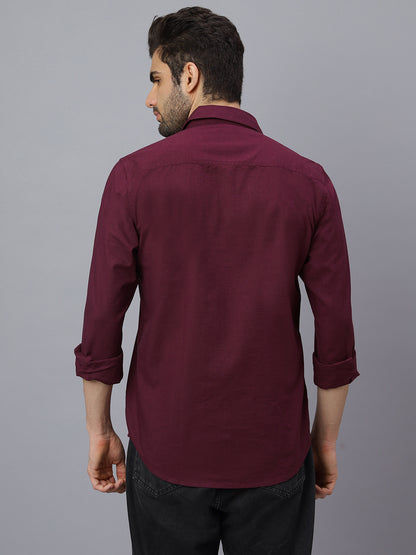 Men Linen Cotton 2 Pocket Flap Wine Solid Color Slim Fit Casual Shirt