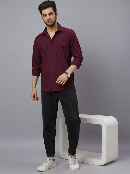 Men Linen Cotton 2 Pocket Flap Wine Solid Color Slim Fit Casual Shirt