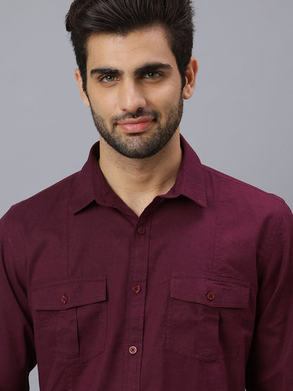Men Linen Cotton 2 Pocket Flap Wine Solid Color Slim Fit Casual Shirt