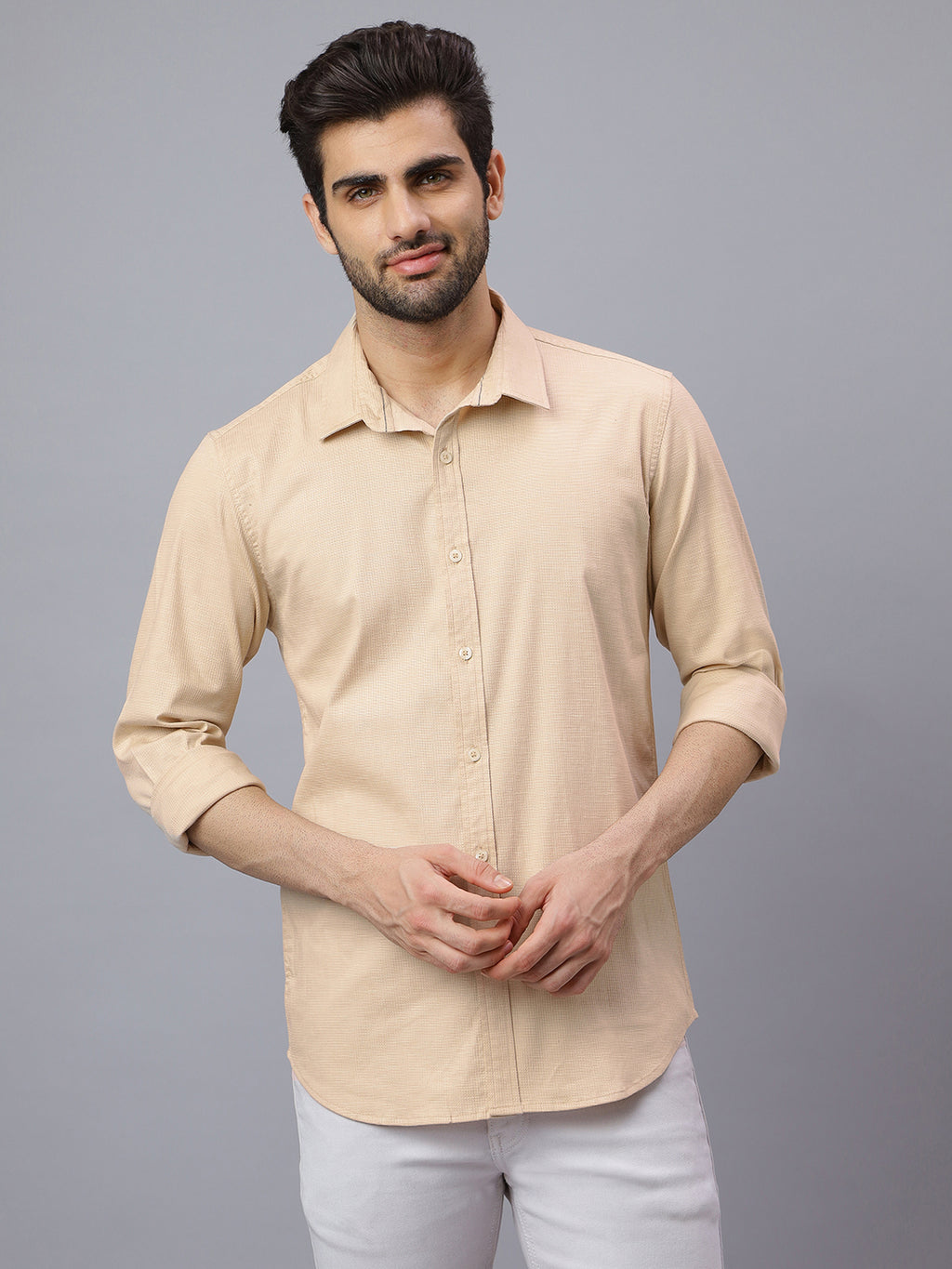 Men Beige Structured Self Design Solid Color Slim Fit Casual Shirt