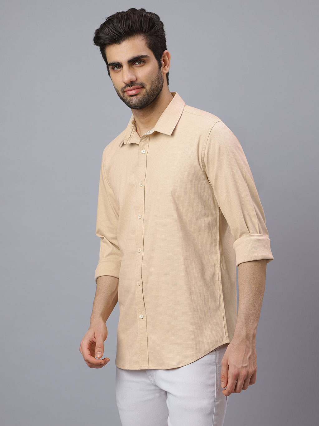 Men Beige Structured Self Design Solid Color Slim Fit Casual Shirt