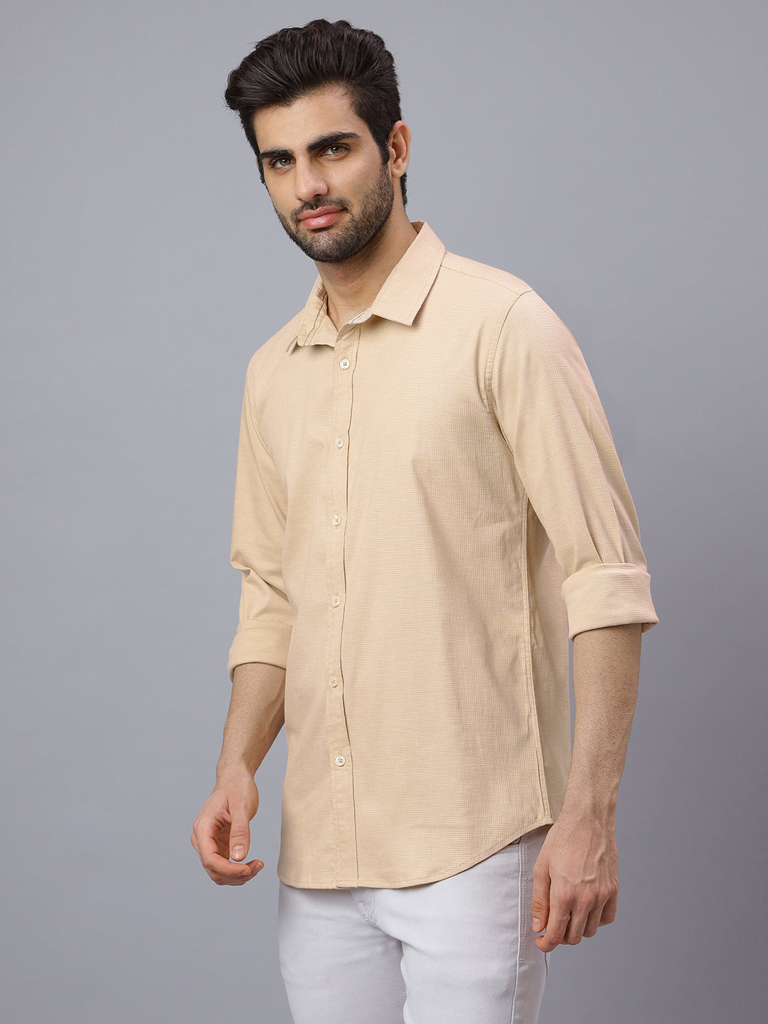 Men Beige Structured Self Design Solid Color Slim Fit Casual Shirt