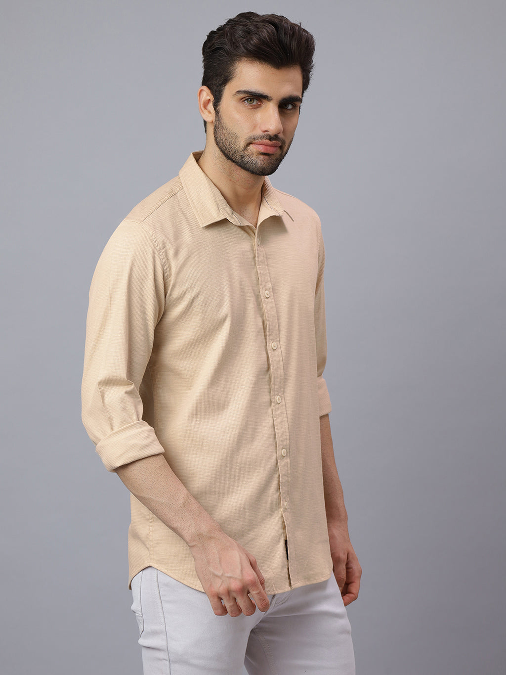 Men Beige Structured Self Design Solid Color Slim Fit Casual Shirt