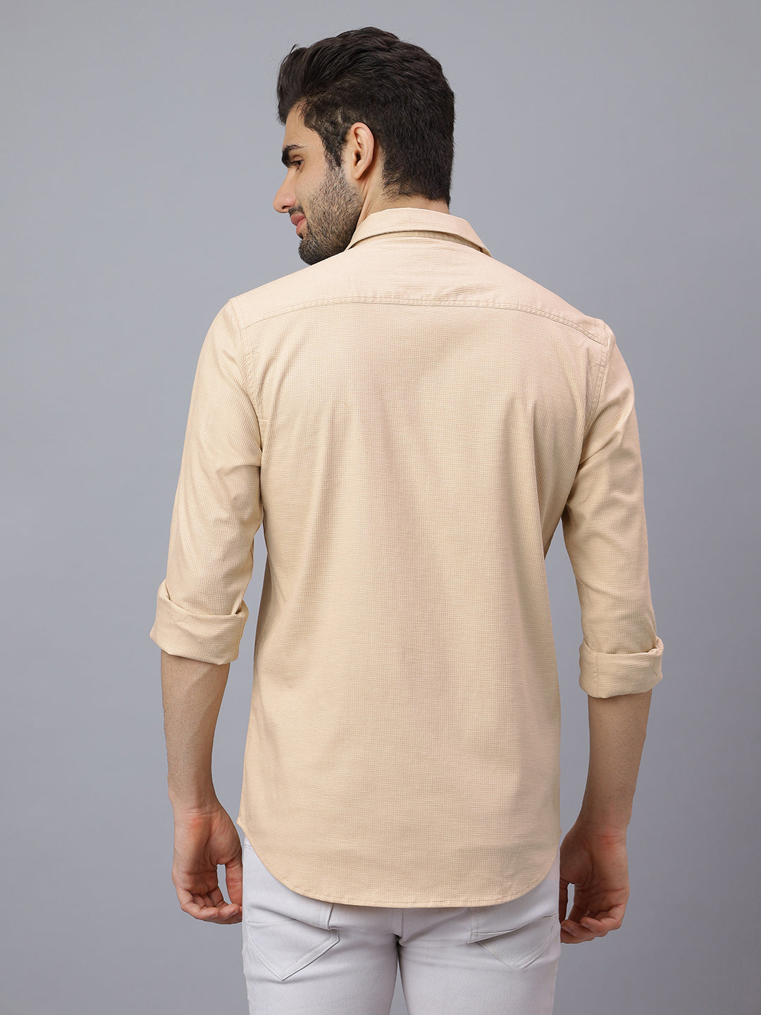 Men Beige Structured Self Design Solid Color Slim Fit Casual Shirt