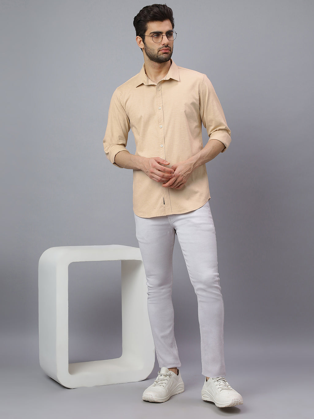 Men Beige Structured Self Design Solid Color Slim Fit Casual Shirt