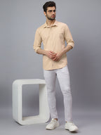 Men Beige Structured Self Design Solid Color Slim Fit Casual Shirt